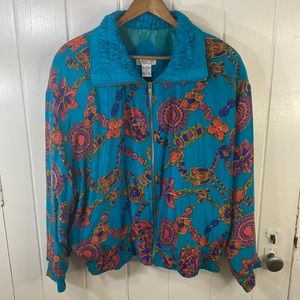 Lavon By Cheerful Corp 100% Silk Shell Bomber Jacket Teal Pattern Size Large L‎